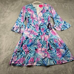 Lilly Pulitzer Laeda Stretch Dress Womens Small Blue Pink Tropical Tiered Wrap